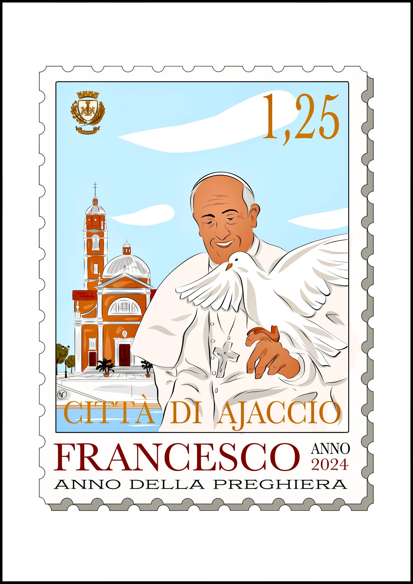 Papa Francesco, Pape François, Pope Francis, illustration, art print, limited edition, faux commemorative stamp, Ajaccio, 2024, Corsica