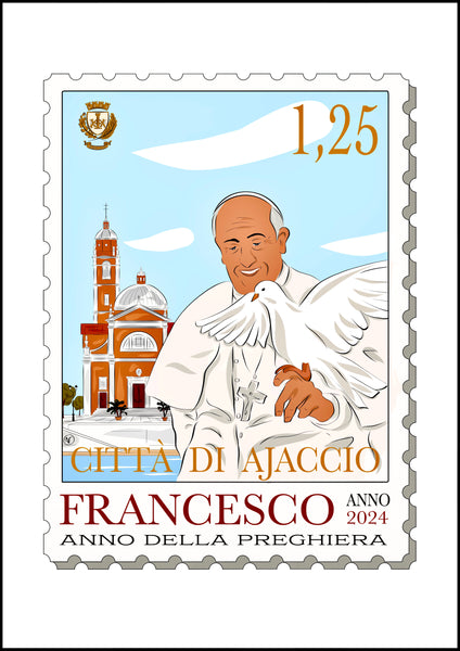 Papa Francesco, Pape François, Pope Francis, illustration, art print, limited edition, faux commemorative stamp, Ajaccio, 2024, Corsica